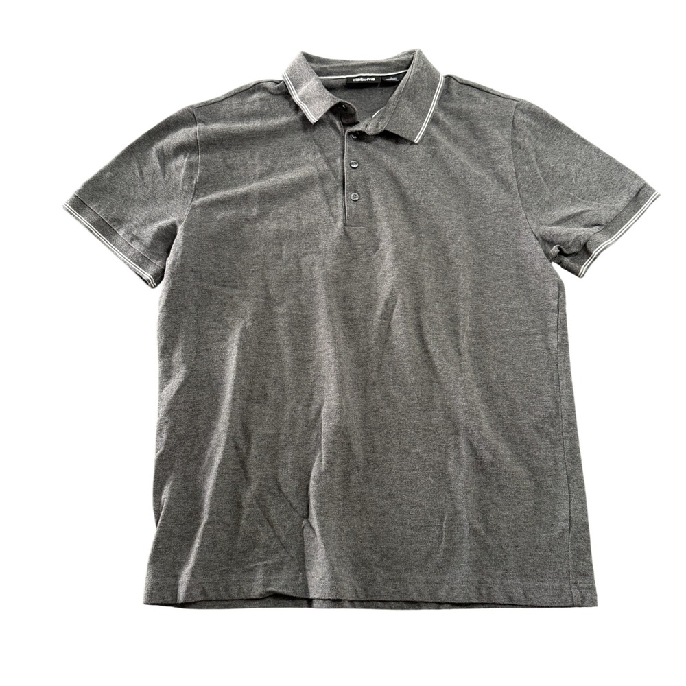 Claiborne Polo Shirt Mens Medium Gray Striped Collar Short Sleeve Cotton Blend
